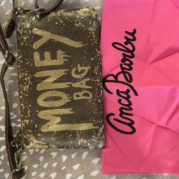 Gold and Coppered/Brown Glittered Leather Money Bag Crossbody by Anca Barbu - Picture 4 of 11